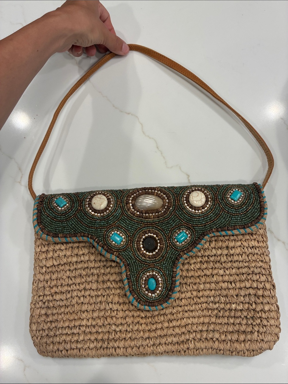 Skemo Turquoise and Tan Beaded Woven Clutch